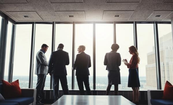 Group of workers talking in front of a large window Group of workers talking in front of a large window